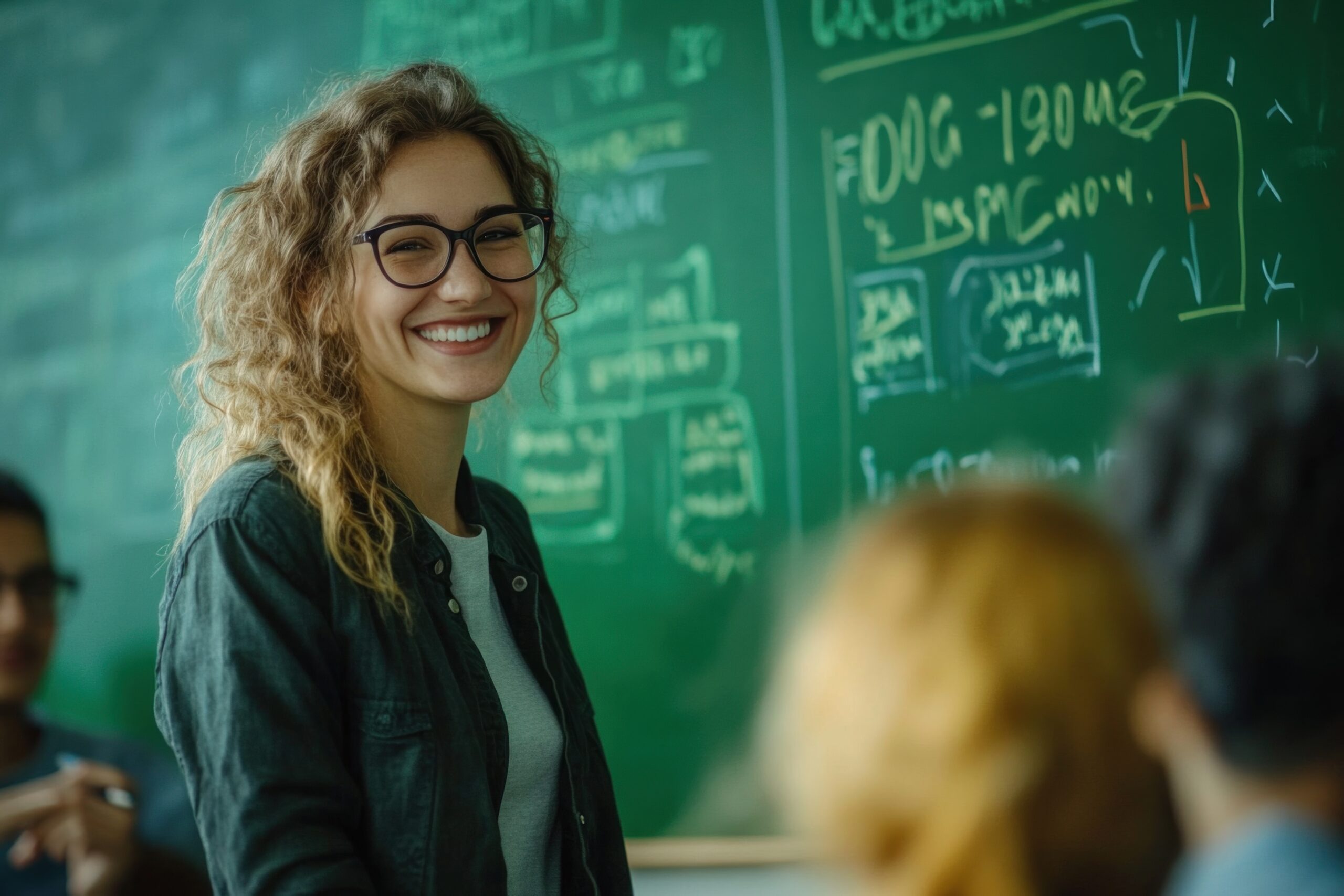 Smiling female college student  standing in front of blackboard with her classmates